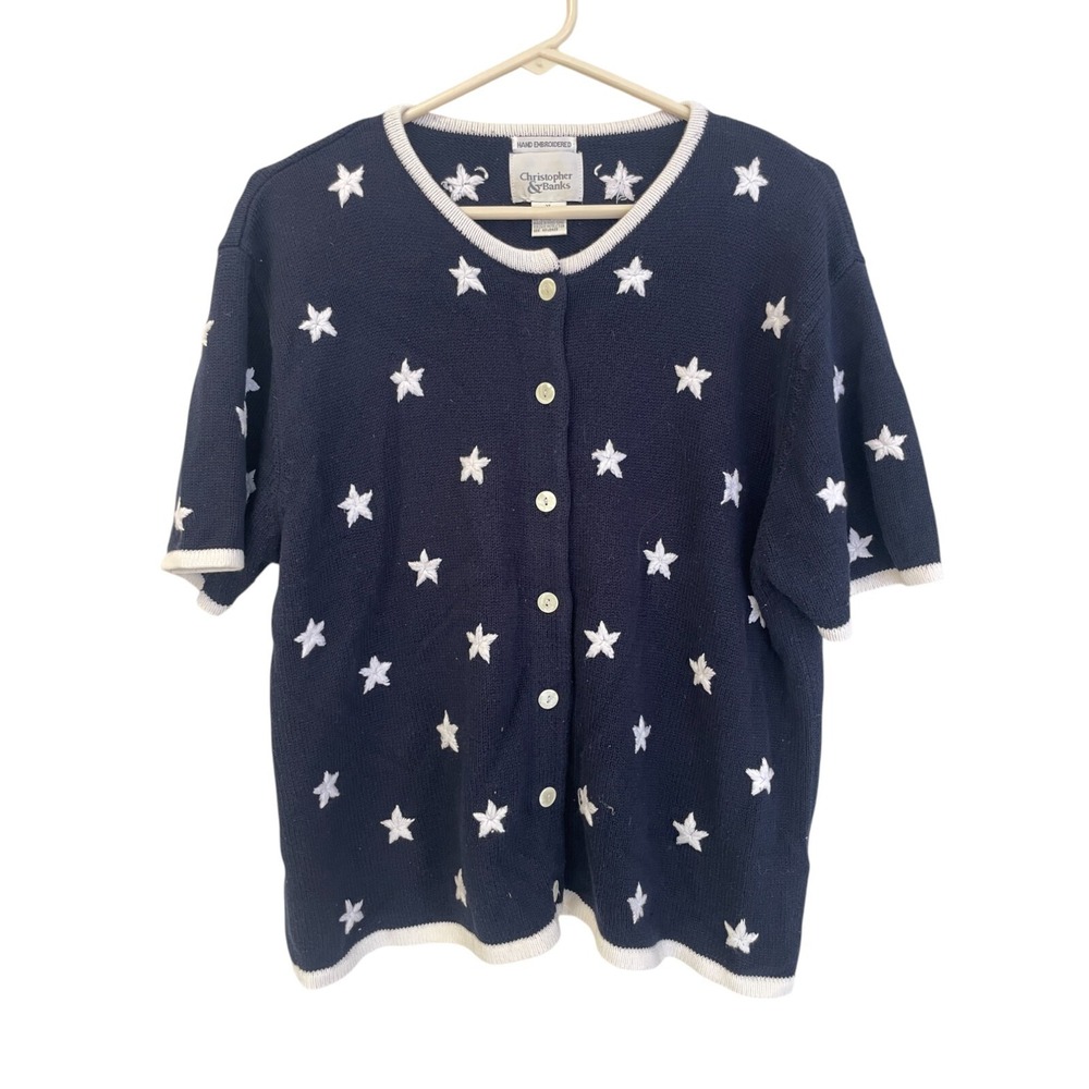 Christopher & Banks Stars Blue Hand Embroidered Button Front Sweater Size XL Vtg